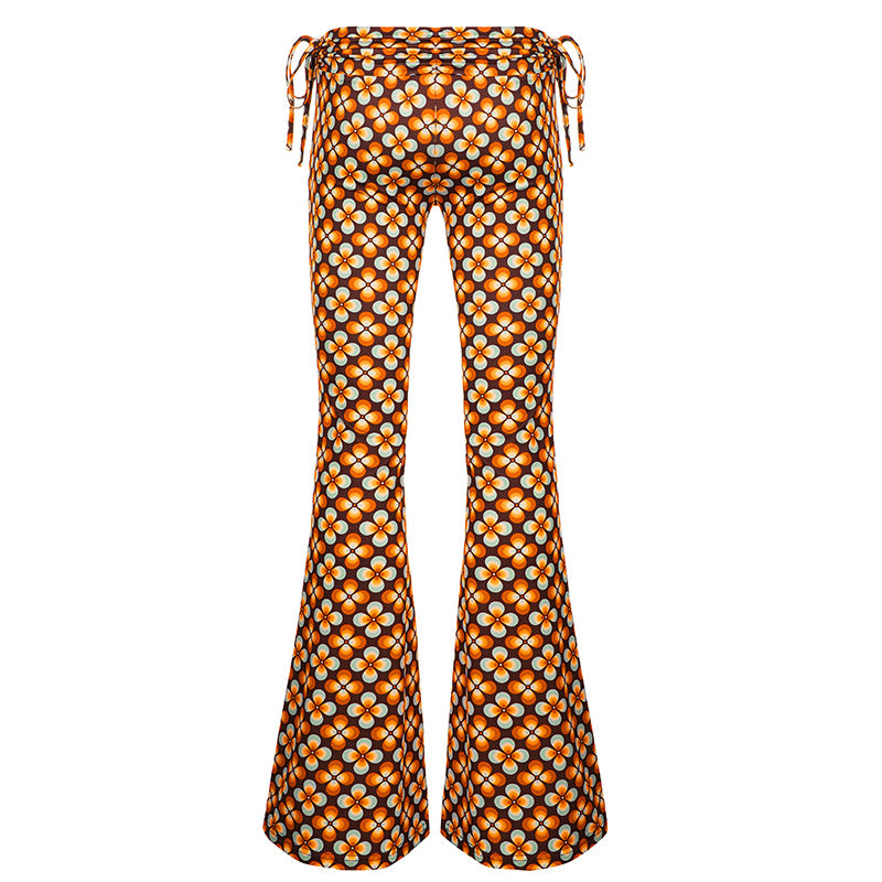 Women's flared trousers with retro floral print and adjustable drawstring waist Mune Fashion