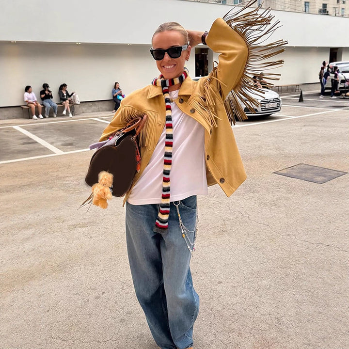 Women’s Oversize Fringe Jacket in Western Style made of Suede-Look with Shirt Collar Mune Fashion