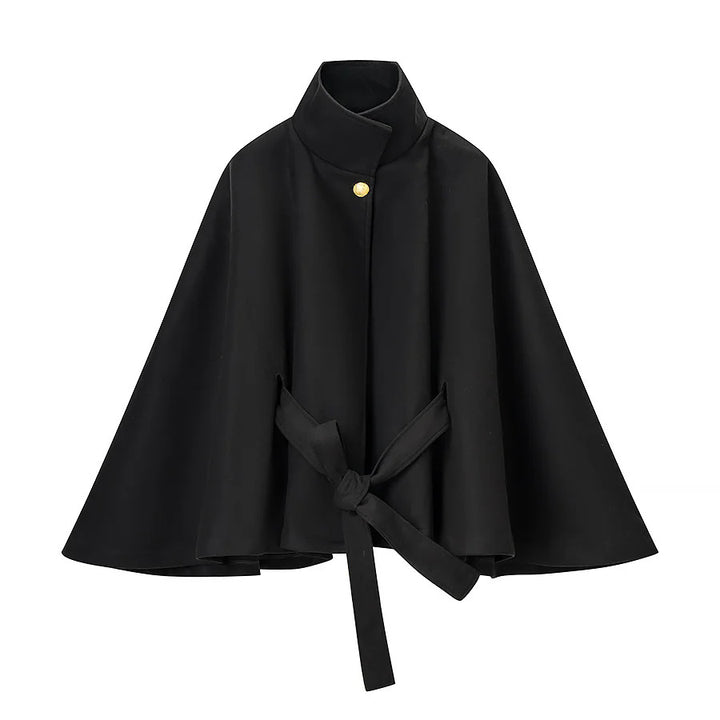 Women tailored wool cape coat with stand-up collar, tie belt, and concealed button placket Mune Fashion