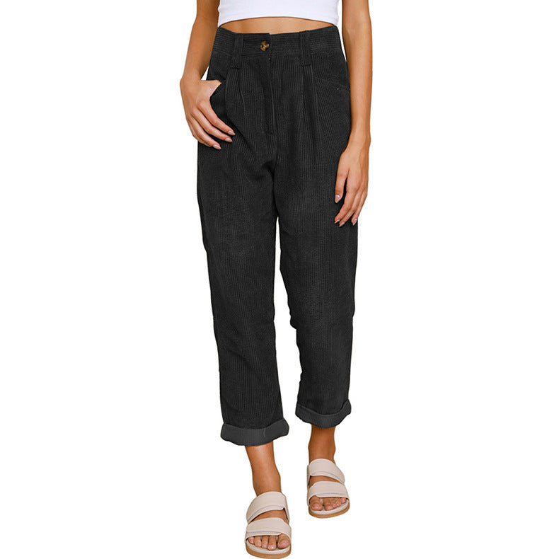 Women's Casual Corduroy Pants with High Waist, Loose Tapered Fit, and Cuffed Hem Mune Fashion