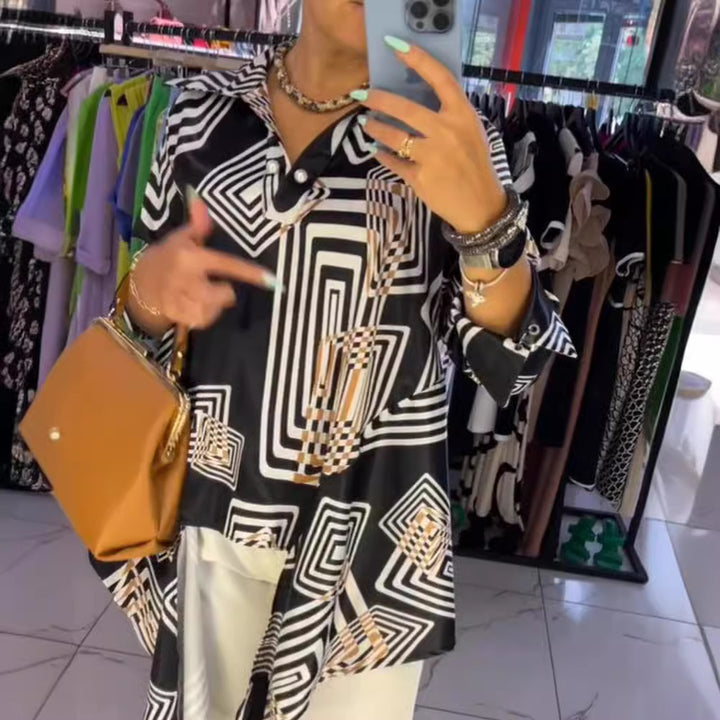 Women’s loose silk-look blouse with graphic square print, asymmetrical hem and mother-of-pearl button placket Mune Fashion