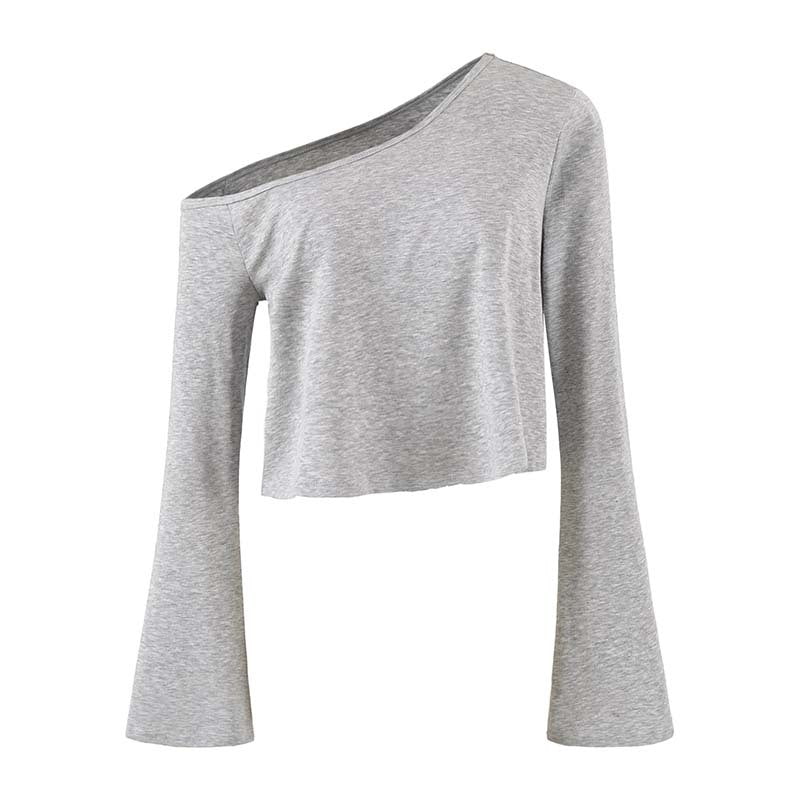 Women's Cropped Off-Shoulder Long Sleeve with Flared Trumpet Sleeves made of Jersey Mune Fashion