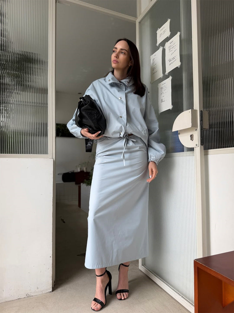 Women's Two-Piece Co-Ord Set made of Lightweight Windbreaker with Drawstring and Tailored Maxi Skirt Mune Fashion