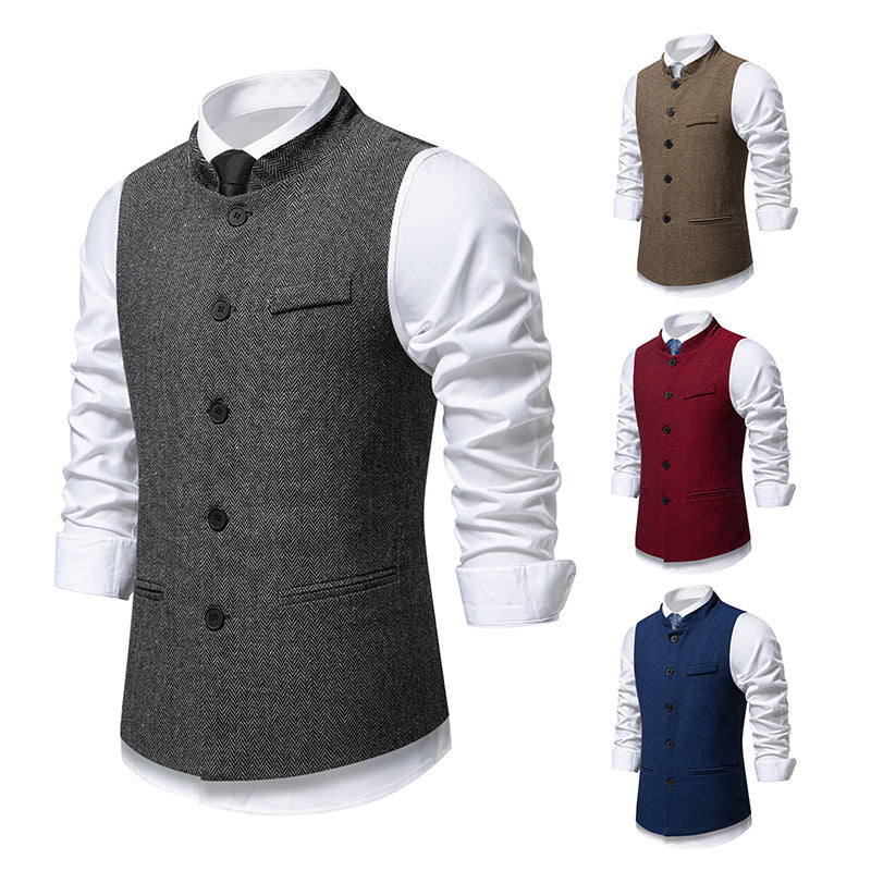 Men's elegant waistcoat with stand-up collar and herringbone pattern made of wool blend Mune Fashion