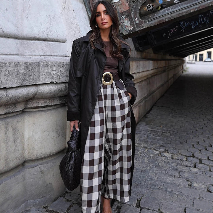 Women's Checked High-Waisted Palazzo Pants with Wide Leg & Pleats Mune Fashion