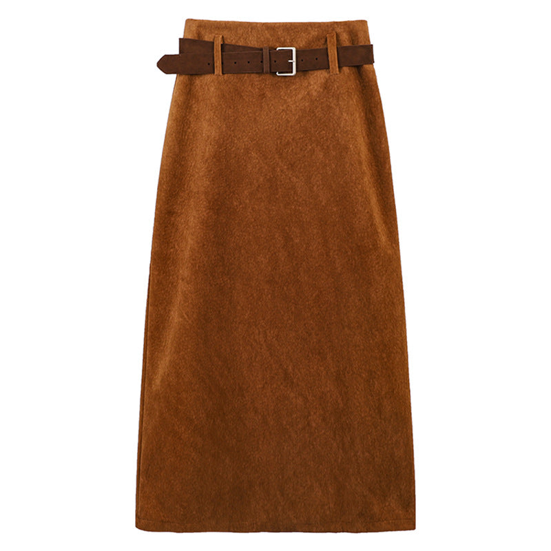 Women's A-line wool blend midi skirt with inset faux leather belt and high waistband Mune Fashion