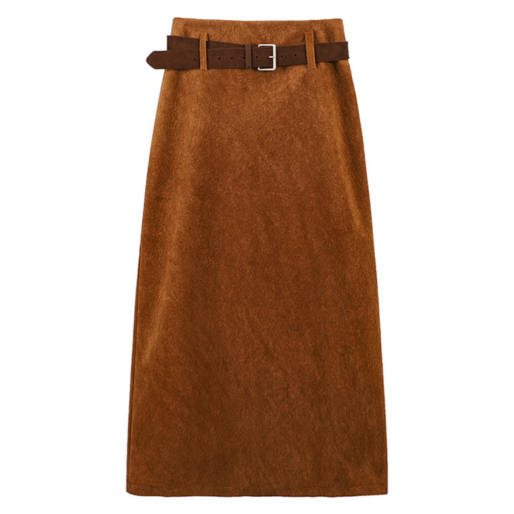 Women's A-line wool blend midi skirt with inset faux leather belt and high waistband Mune Fashion