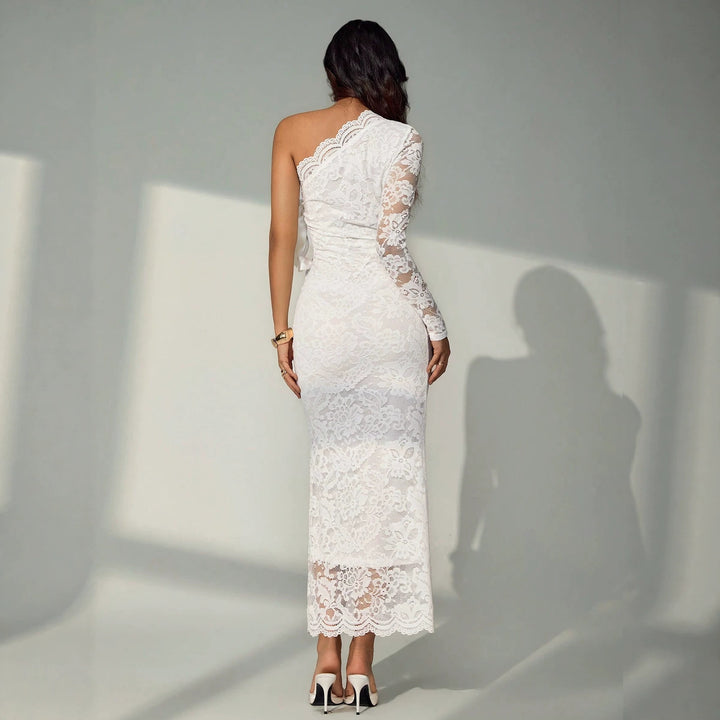 Women one-shoulder lace midi dress with waist cut-out and decorative bow Mune Fashion