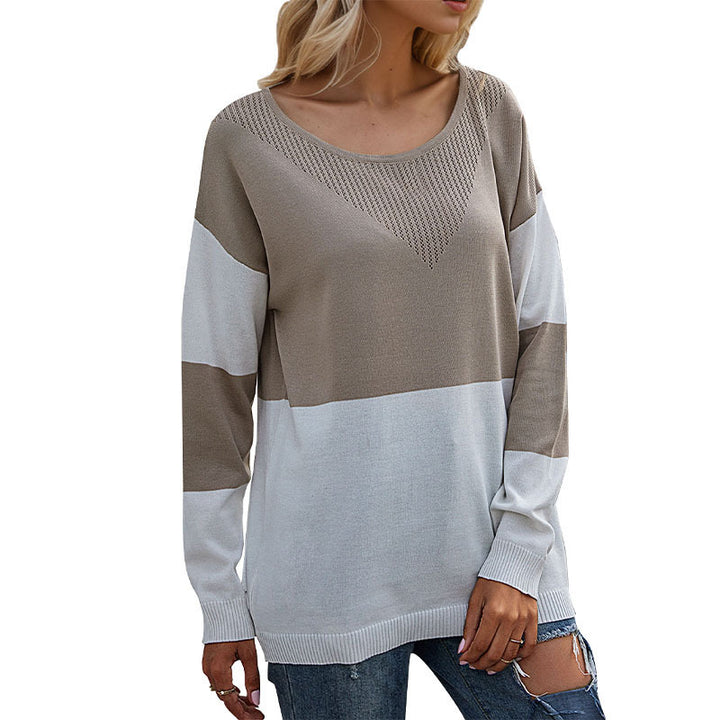 Women's Oversize Knitted Sweater with Round Neck, Eyelet Triangle and Block Stripes Mune Fashion