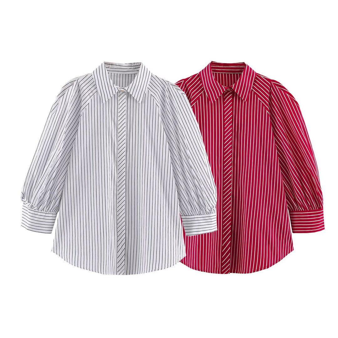 Women's Striped Oversized Shirt Blouse with Emphasized Puff Sleeves Drune