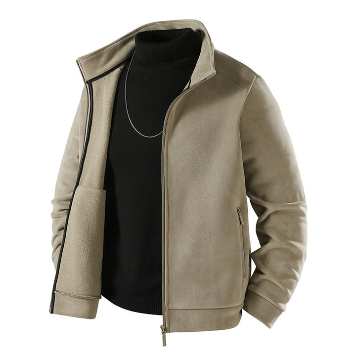 Men's Simple Velvet-Look Transition Jacket with High-Closing Stand-Up Collar, Concealed Two-Way Zipper & Zip Pockets