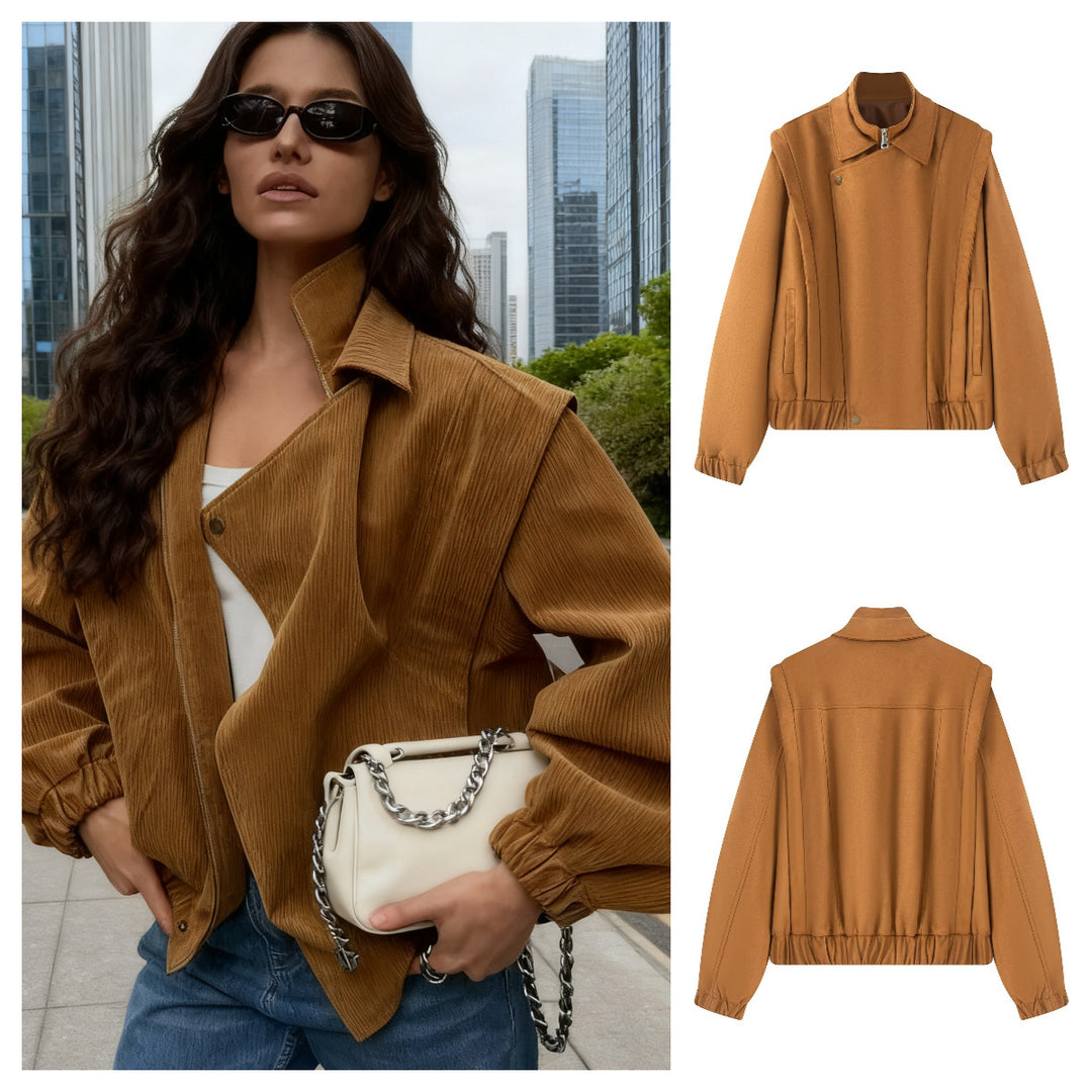 Women's short bomber-style jacket with stand-up collar and asymmetrical snap button placket Mune Fashion