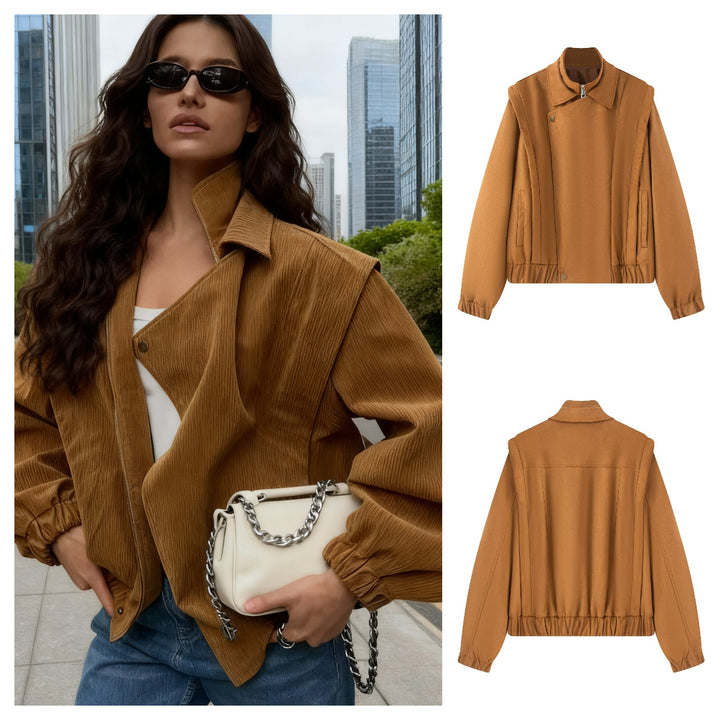 Women's short bomber-style jacket with stand-up collar and asymmetrical snap button placket Mune Fashion
