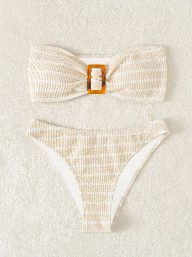 Women's bandeau bikini with a stylish striped pattern and decorative buckle Mune Fashion
