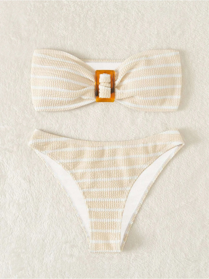 Women's bandeau bikini with a stylish striped pattern and decorative buckle Mune Fashion