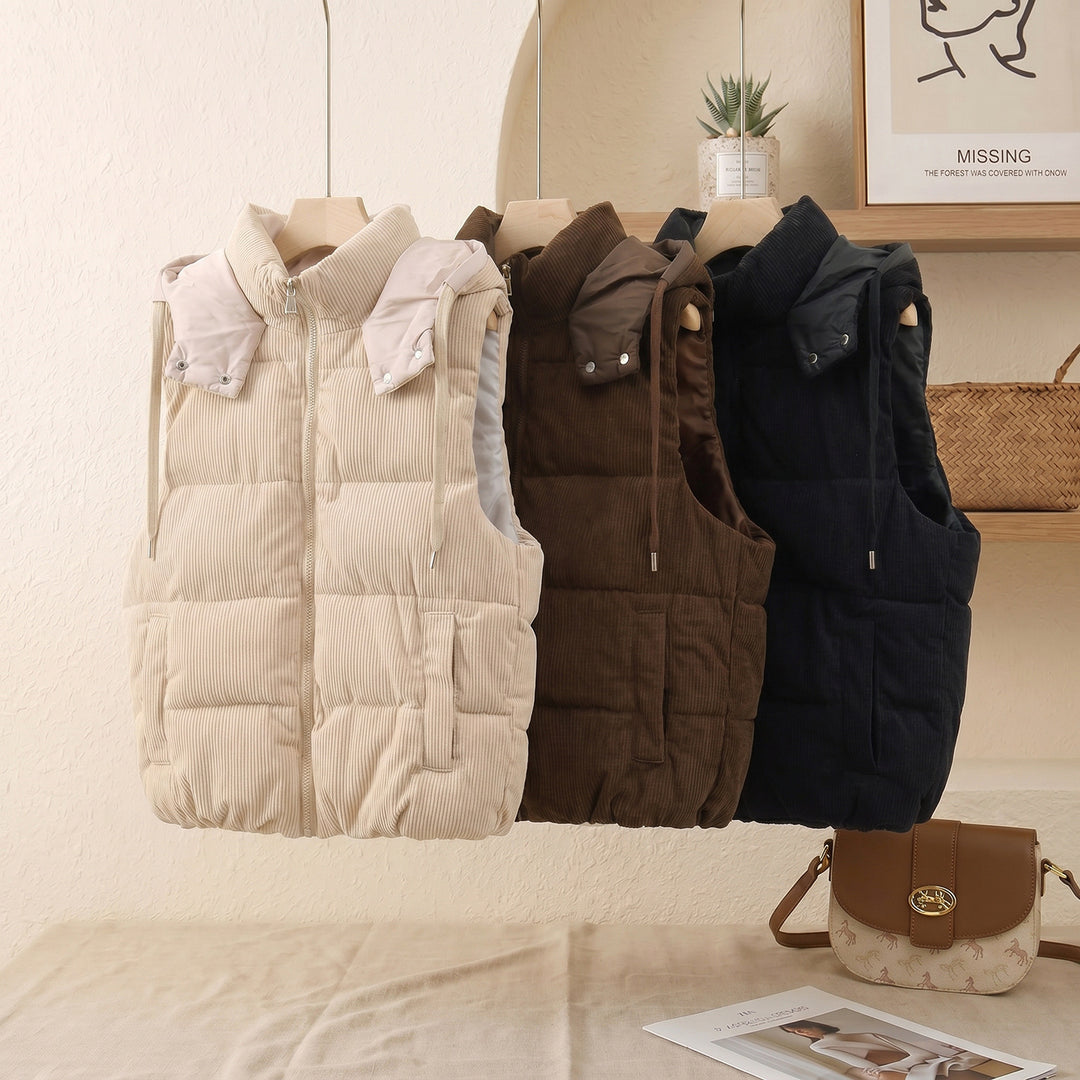 Ladies quilted cord vest with high shawl collar, padded insulation and detachable hood trim Mune Fashion