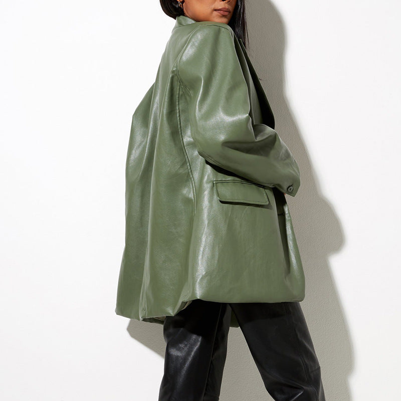 Women's Oversized Faux Leather Blazer Jacket Mune