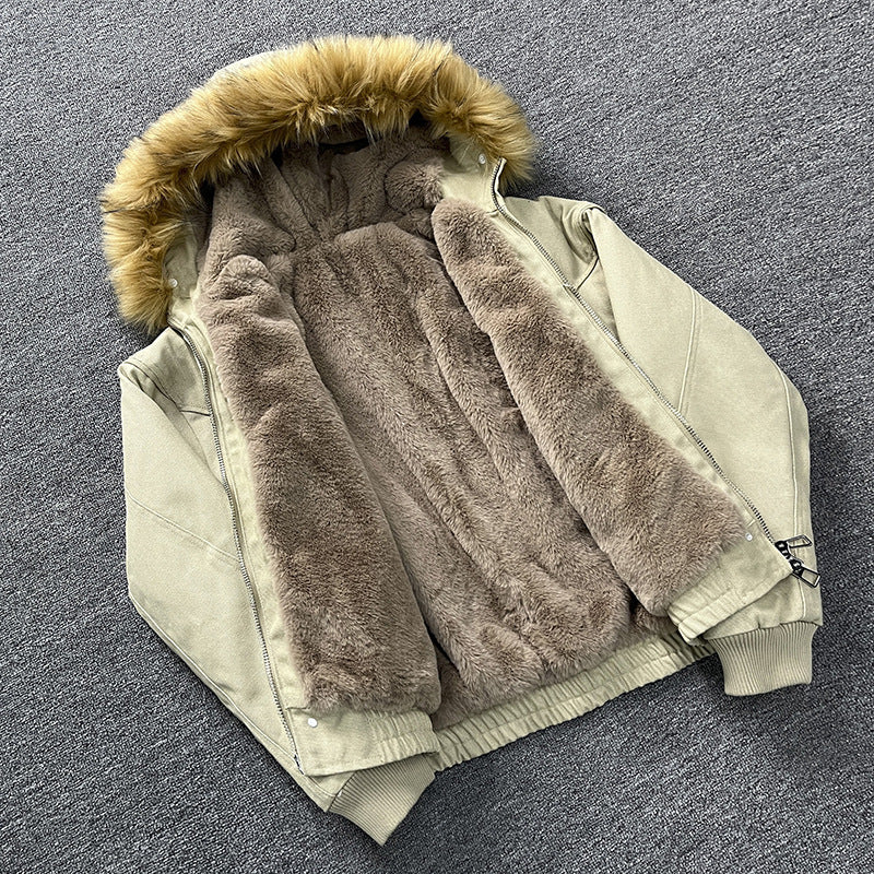 Unisex Quilted Bomber Jacket with Large Hood and Faux Fur Trim Mune Fashion