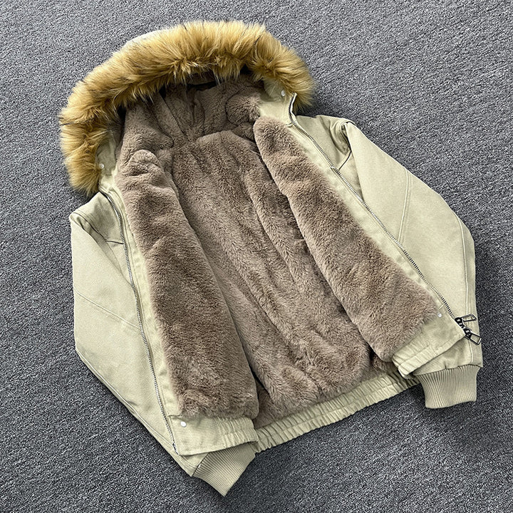 Unisex Quilted Bomber Jacket with Large Hood and Faux Fur Trim Mune Fashion
