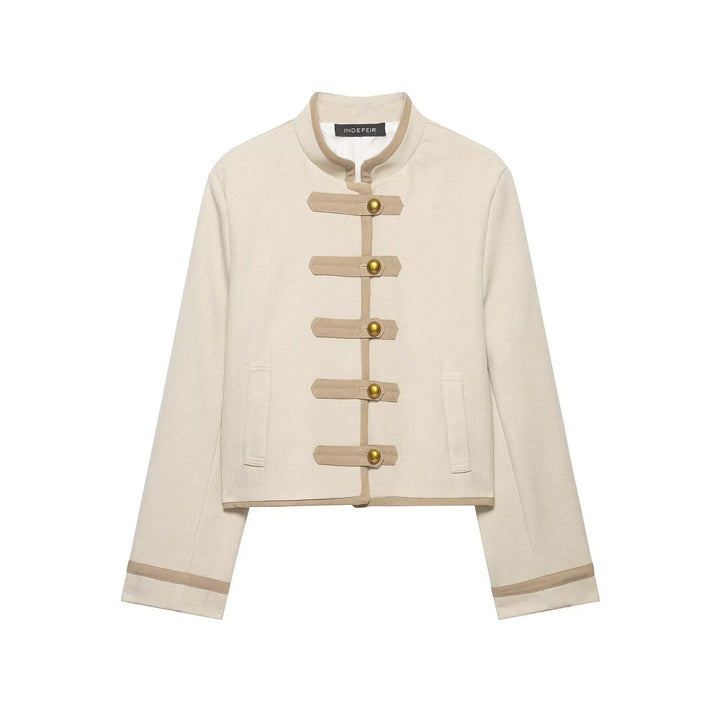 Ladies short jacket in military-inspired style with stand-up collar and decorative straps Mune Fashion