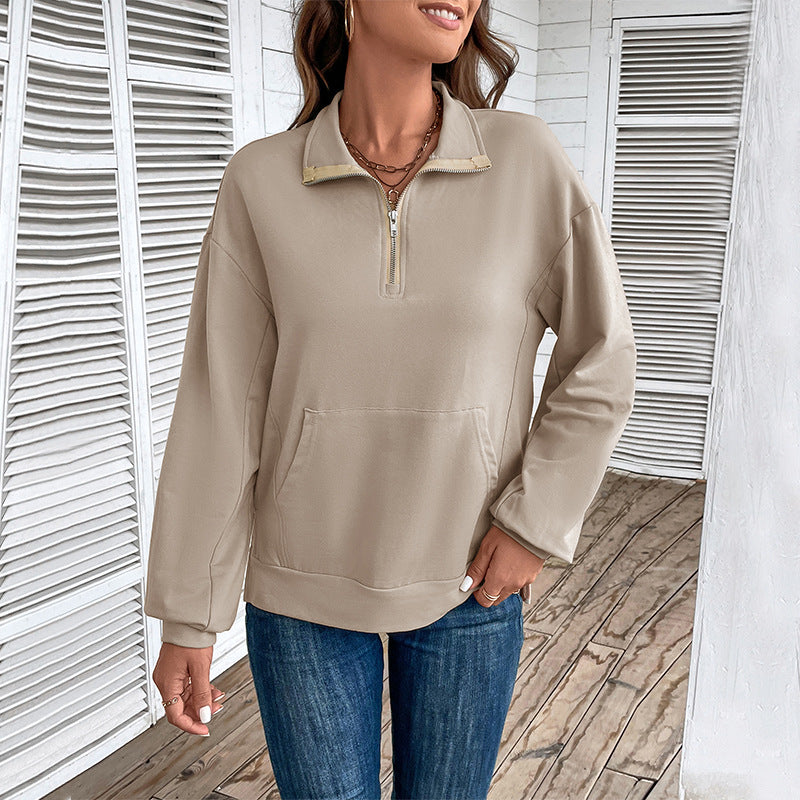 Women's Lightweight Half-Zip Sweatshirt in Relaxed Fit with Kangaroo Pocket and Stand-Up Collar Mune Fashion