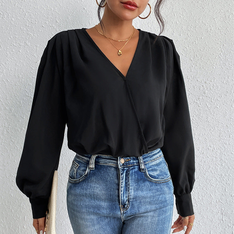 Women's Lightweight Wrap Blouse with V-Neck, Gathered Shoulders & Balloon Sleeves Mune Fashion