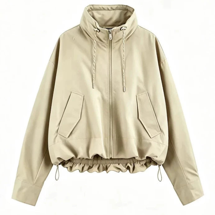 Women’s Oversize Cropped Hooded Jacket with Full Zip, Drawstring and Gathered Hem Mune Fashion