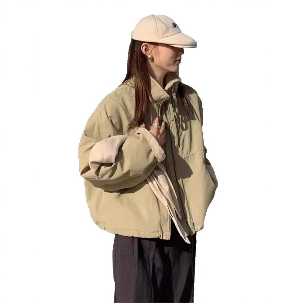 Women's Short Oversized Bomber Jacket with Teddy Lining at Cuffs and Stand Collar Mune Fashion