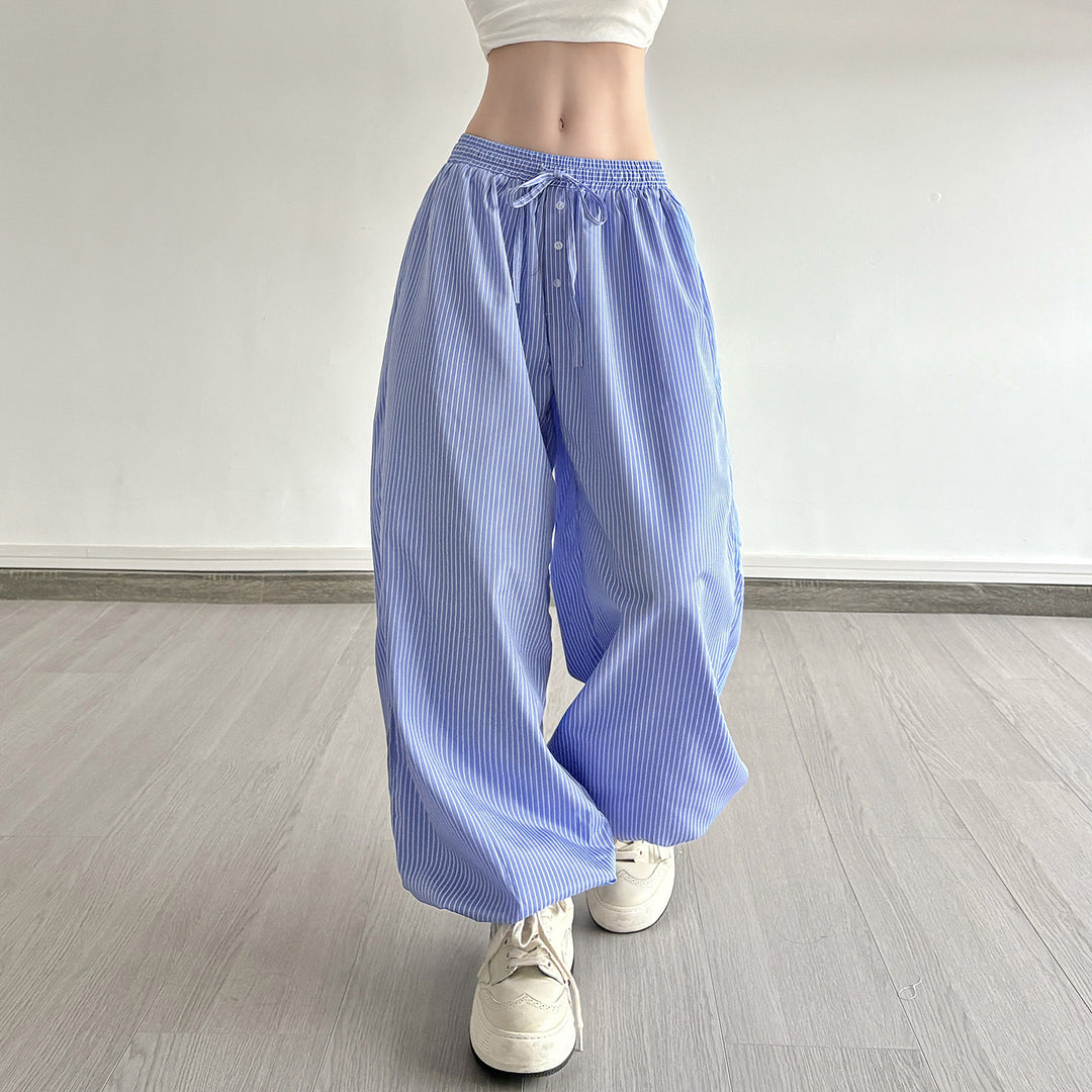 Women Wide Lounge Pants with Smocked Waistband, Drawstring, Button Placket, and Elastic Cuffs Mune Fashion