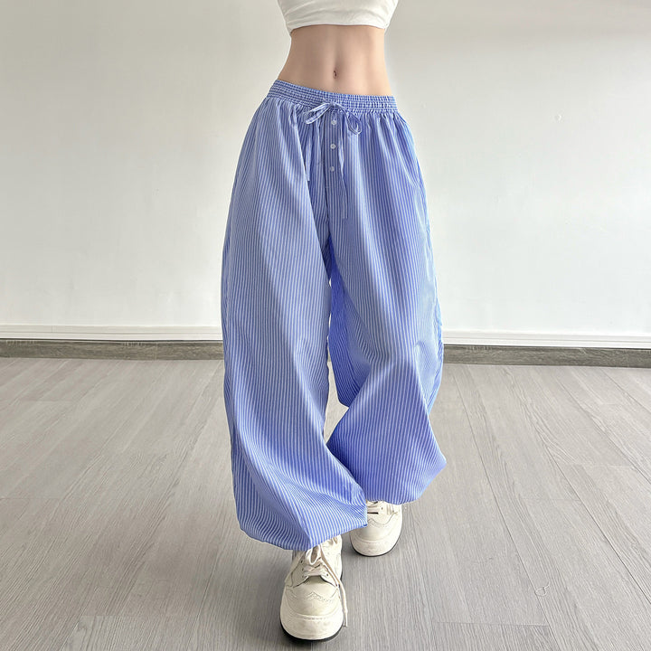 Women Wide Lounge Pants with Smocked Waistband, Drawstring, Button Placket, and Elastic Cuffs Mune Fashion