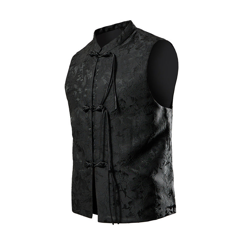 Men's sleeveless Chinese-inspired vest with stand-up collar, jacquard pattern, and knot closures Mune Fashion