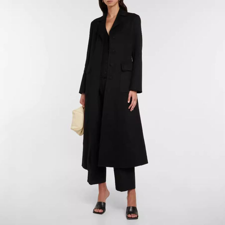 Women's Maxi Long Single-Breasted Blazer Coat with Clean Fall and Flap Pockets Mune Fashion