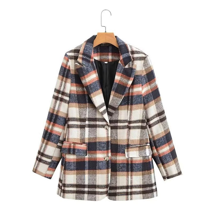 Women's Checked Wool Blend Single-Breasted Blazer with Notch Lapel and Flap Pockets Mune Fashion