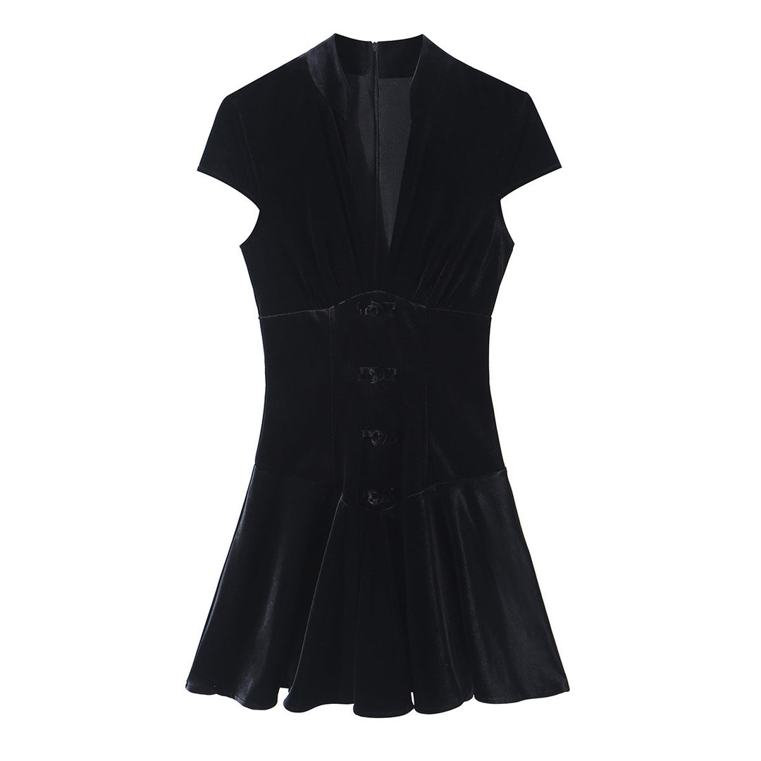 Women's velvet mini dress with tailored corset look and flared skirt Mune Fashion