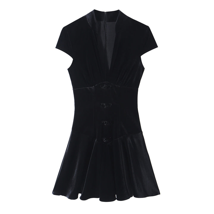Women's velvet mini dress with tailored corset look and flared skirt Mune Fashion