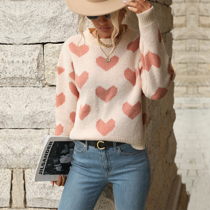 Women's Patterned Knit Sweater with Heart Designs Mune Fashion