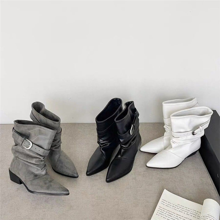 Women’s Mid-Calf Slouch Western Boots with Pointed Toe, Gathered Shaft and Decorative Buckle Mune Fashion