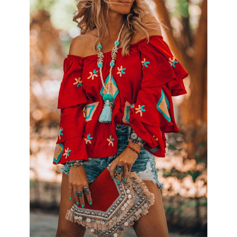 Women's Boho top with off-the-shoulder neckline, layered flounce sleeves, and elaborate embroidery Mune Fashion