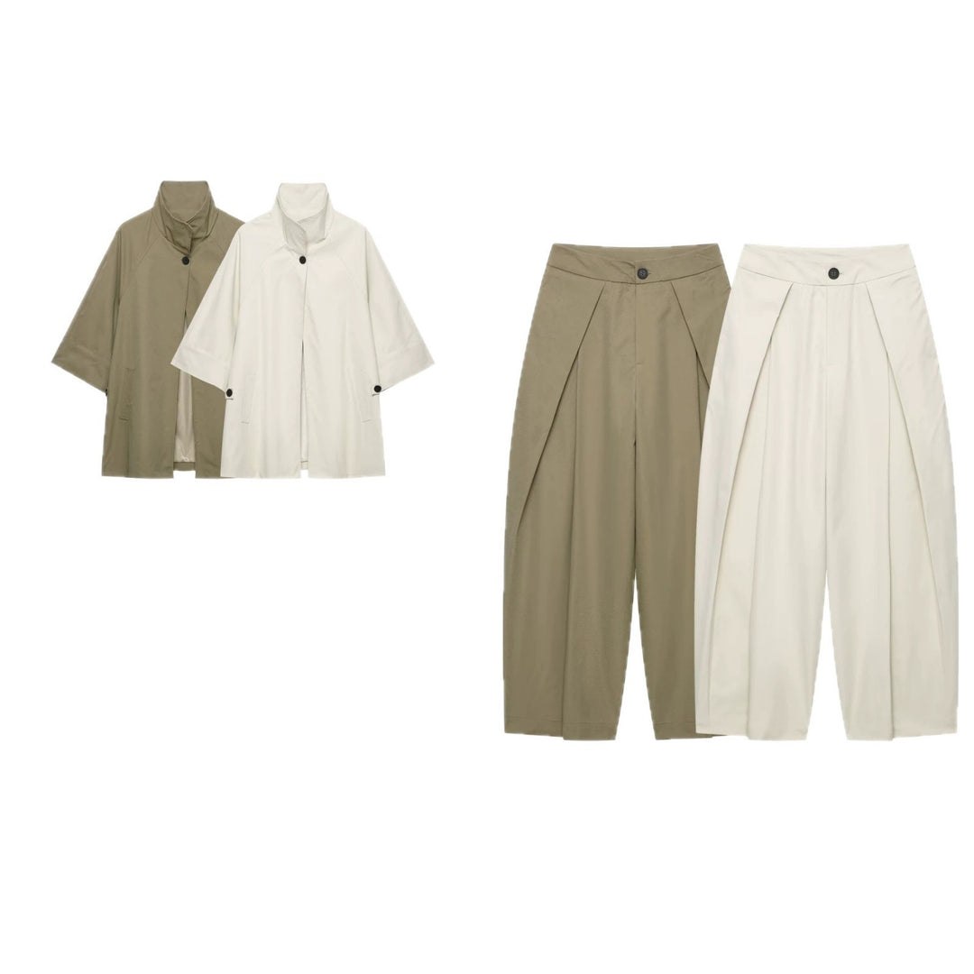 Women's Two-Piece Short Cape Jacket with Stand-Up Collar and High-Waisted Pleated Culottes Mune Fashion