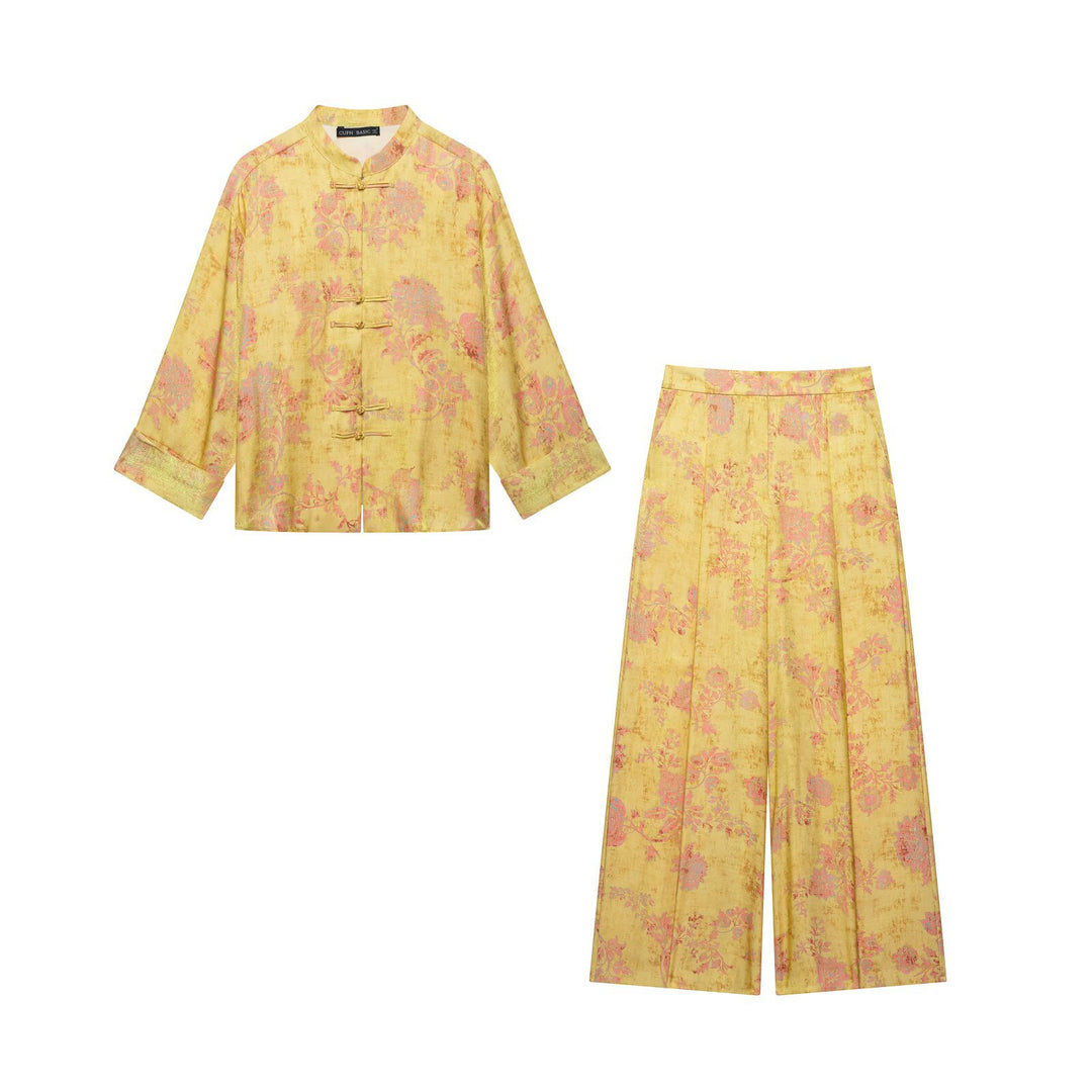 Women's Wide High-Waist Jacquard Pants with Floral Brocade Pattern Drune