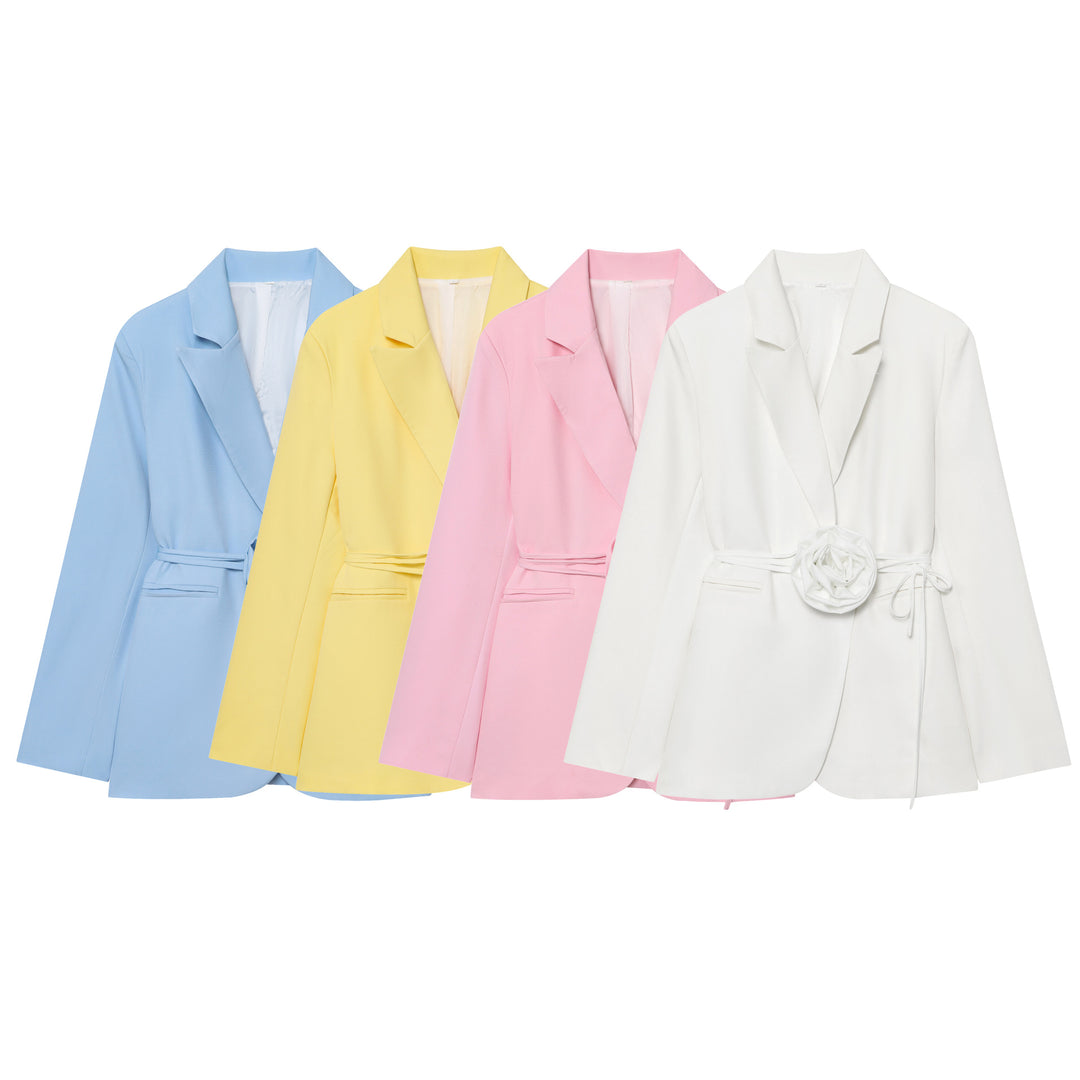 Women's tailored blazer with decorative rose appliqué and tie belt Mune Fashion