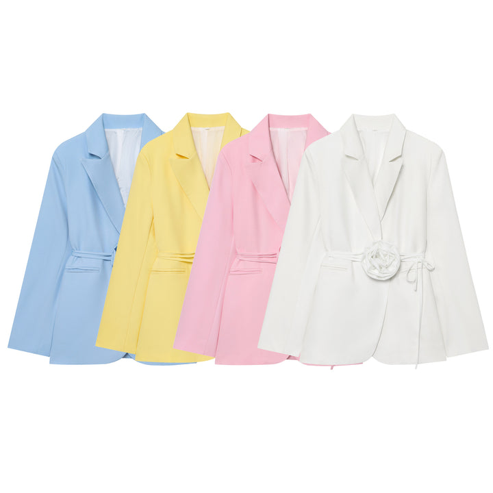 Women's tailored blazer with decorative rose appliqué and tie belt Mune Fashion