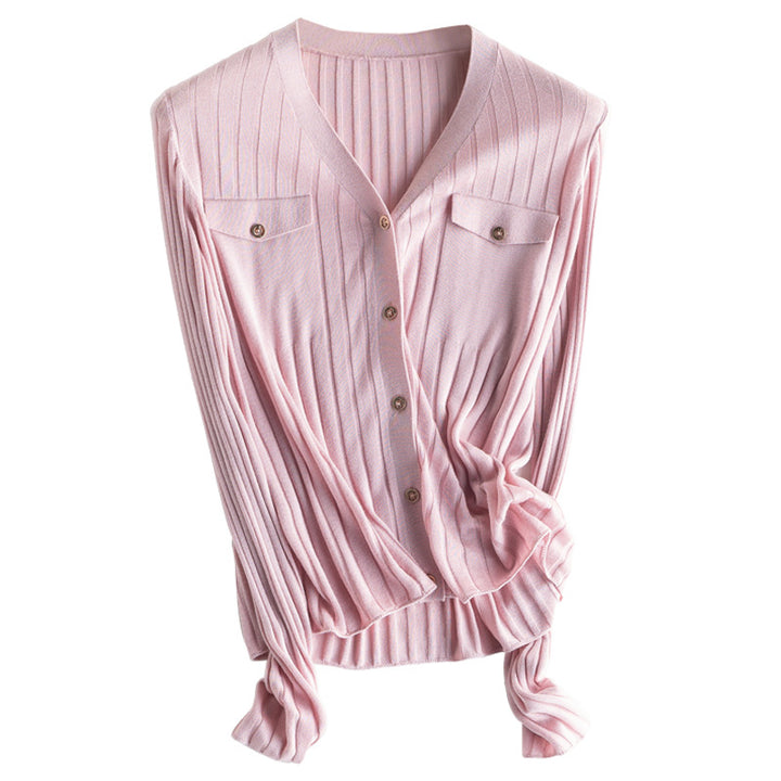 Women Fine Ribbed Button Cardigan with V-Neck and Chest Pockets Mune Fashion