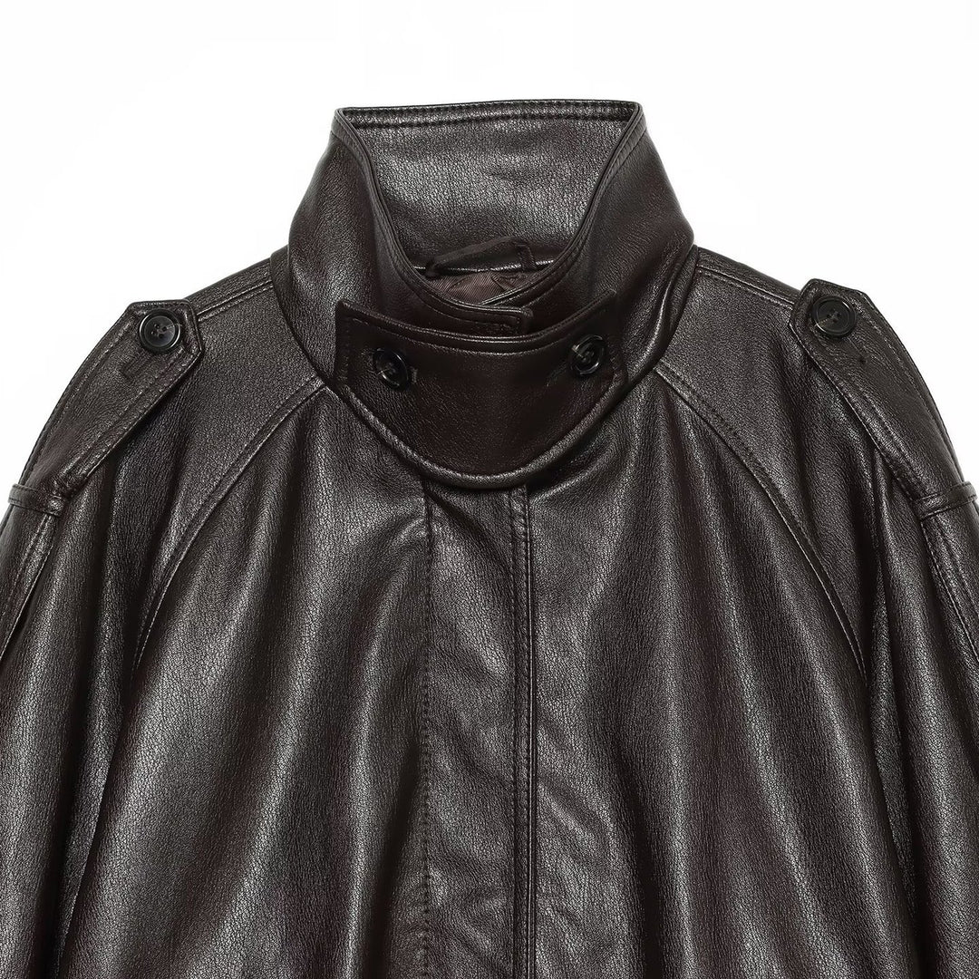 Women's short-cut leather look blouson jacket with high funnel collar, shoulder tabs and integrated patch pockets Mune Fashion