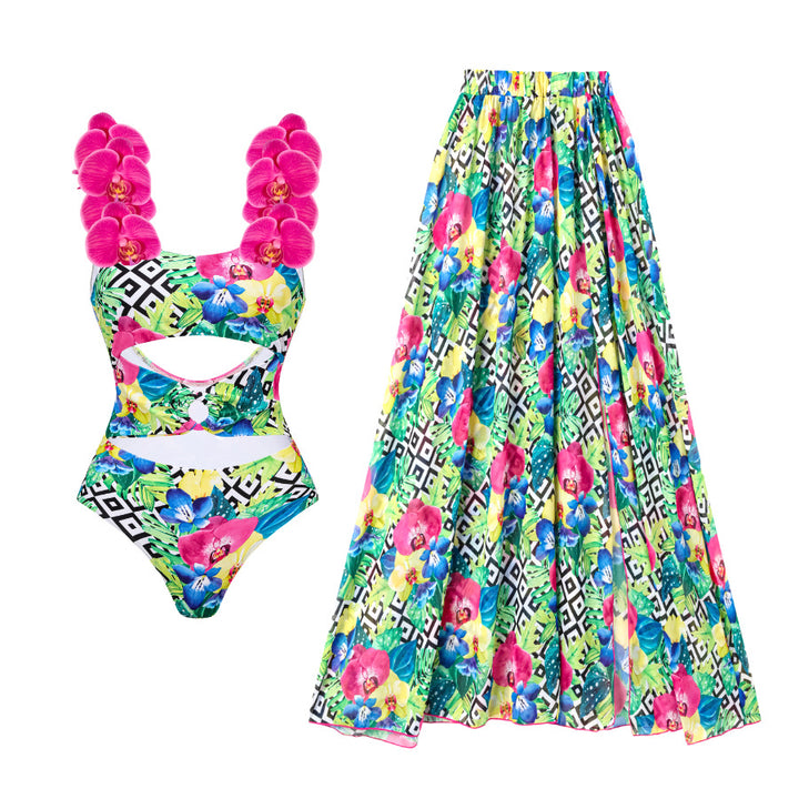 Women Flower Pattern Swimsuit and Skirt Set Mune Fashion