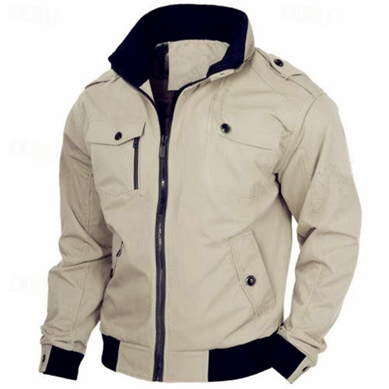 Men's Canvas Field Bomber Jacket with Stand Collar, Epaulettes and Ribbed Cuffs Mune Fashion