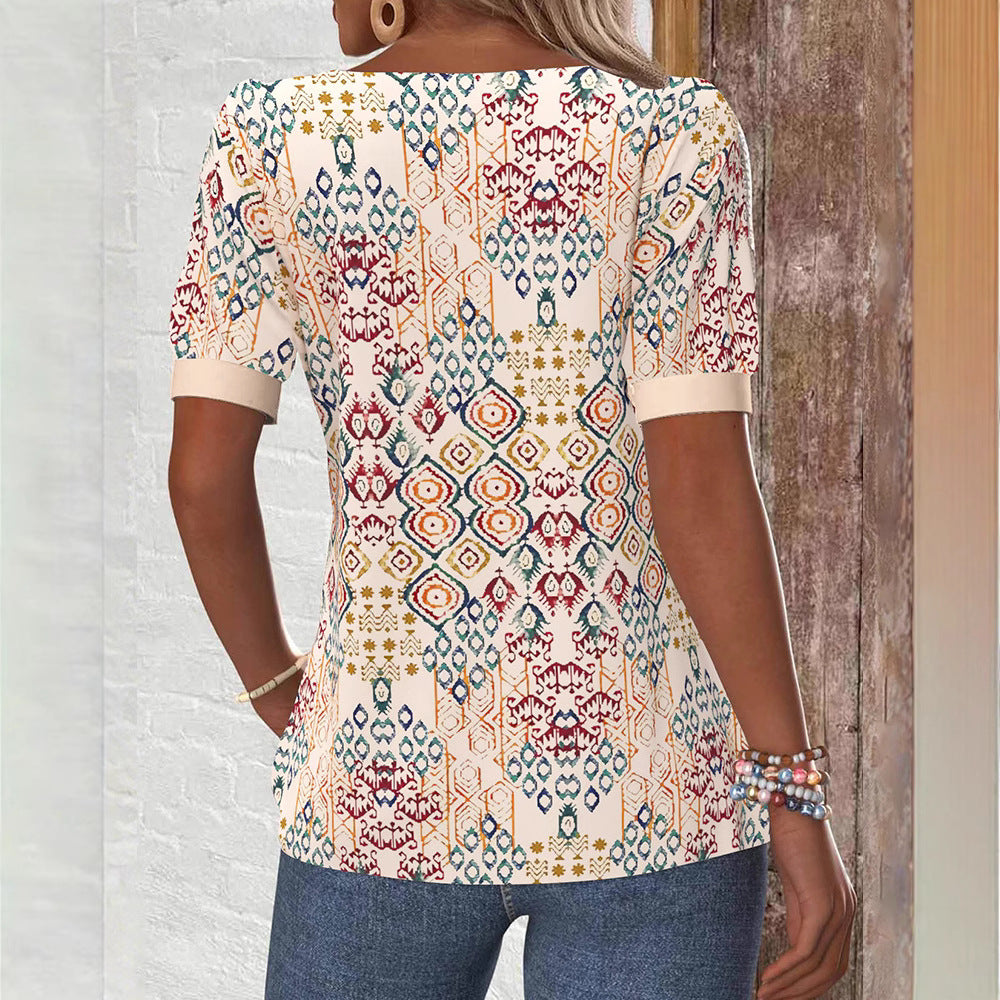 Women's Boho Print Short Sleeve Shirt with Square Neckline, Contrast Trim and Rounded Hem Mune Fashion