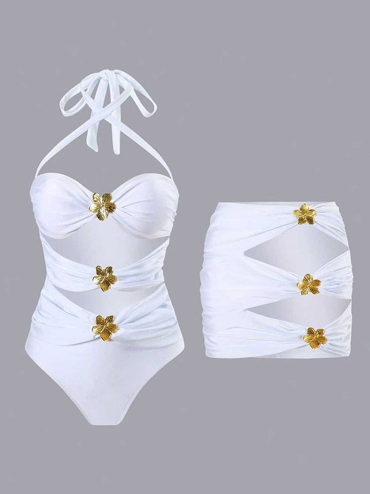 Women's one-piece swimsuit with stylish wrap design and golden accents Mune Fashion