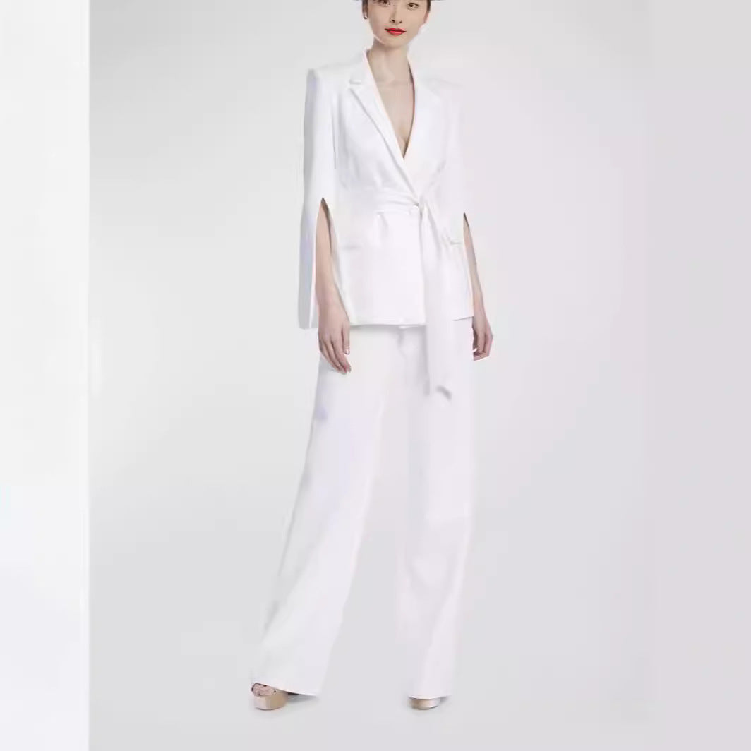 Women Tailored Cape Blazer with Tie Belt and Wide Palazzo Pants Mune Fashion