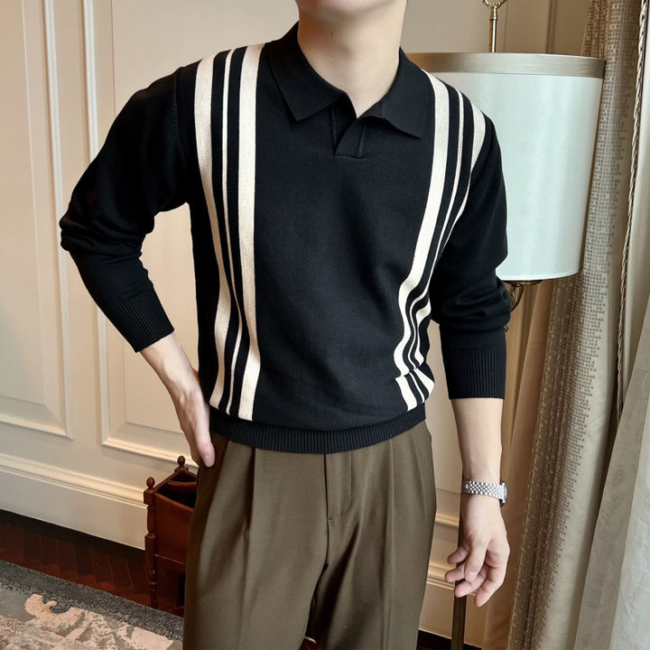 Men's Polo Collar Knit Sweater with Distinctive Stripes and Slim Fit Mune Fashion